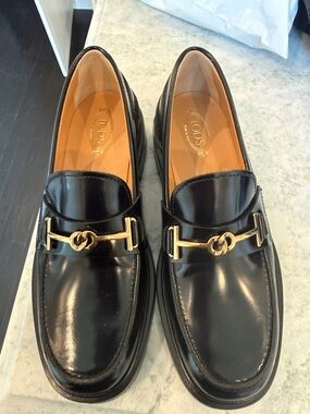 TOD'S Black Leather Loafers with Gold Bit Detail